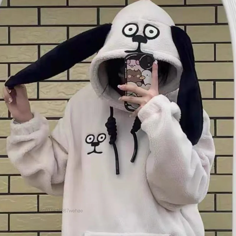 

Cartoon Cute Puppy Dog Lamb Fleece Zippered Hooded Couple Hoodie Autumn Winter Cotton Pullover Thickened Flush Women Coat Jacket