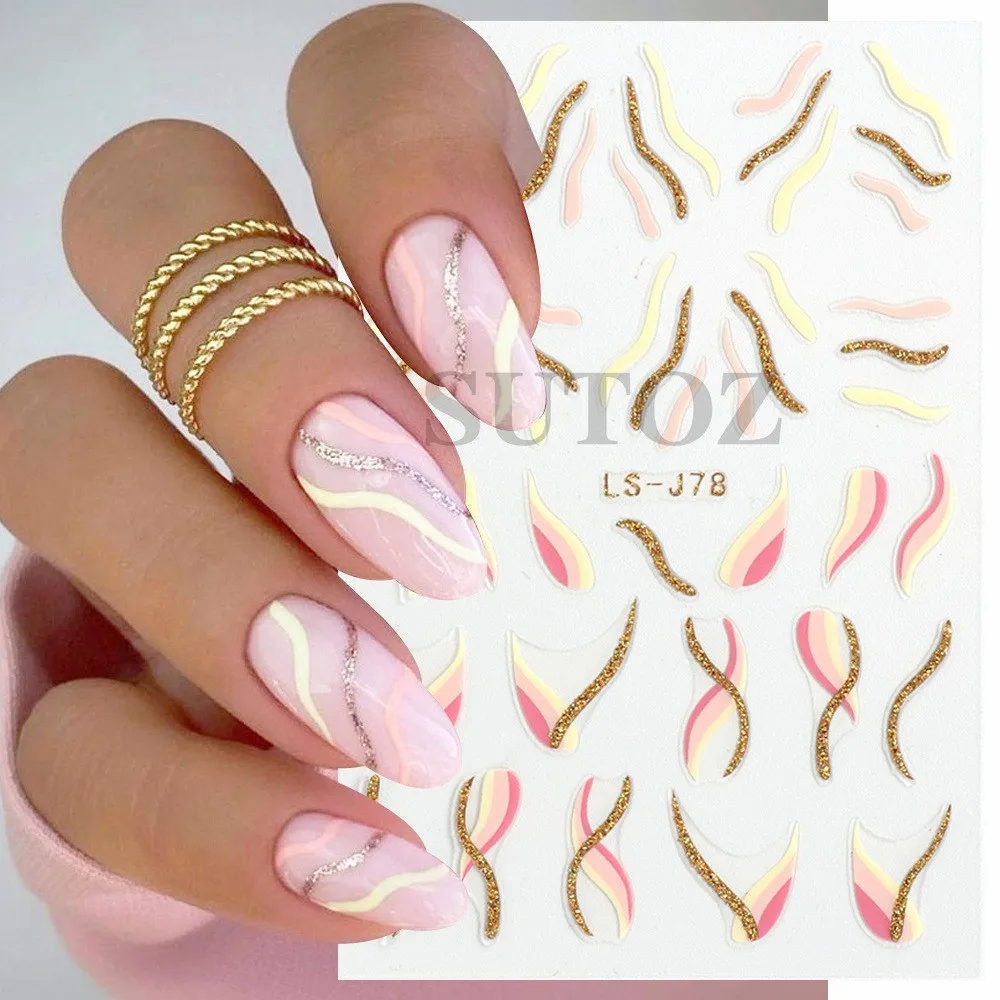 

1Pcs Gold Glitter French Lines Nail Stickers Curve Wave Swirls Nail Decals Pink Stripes Sliders Art Manicure Decoration