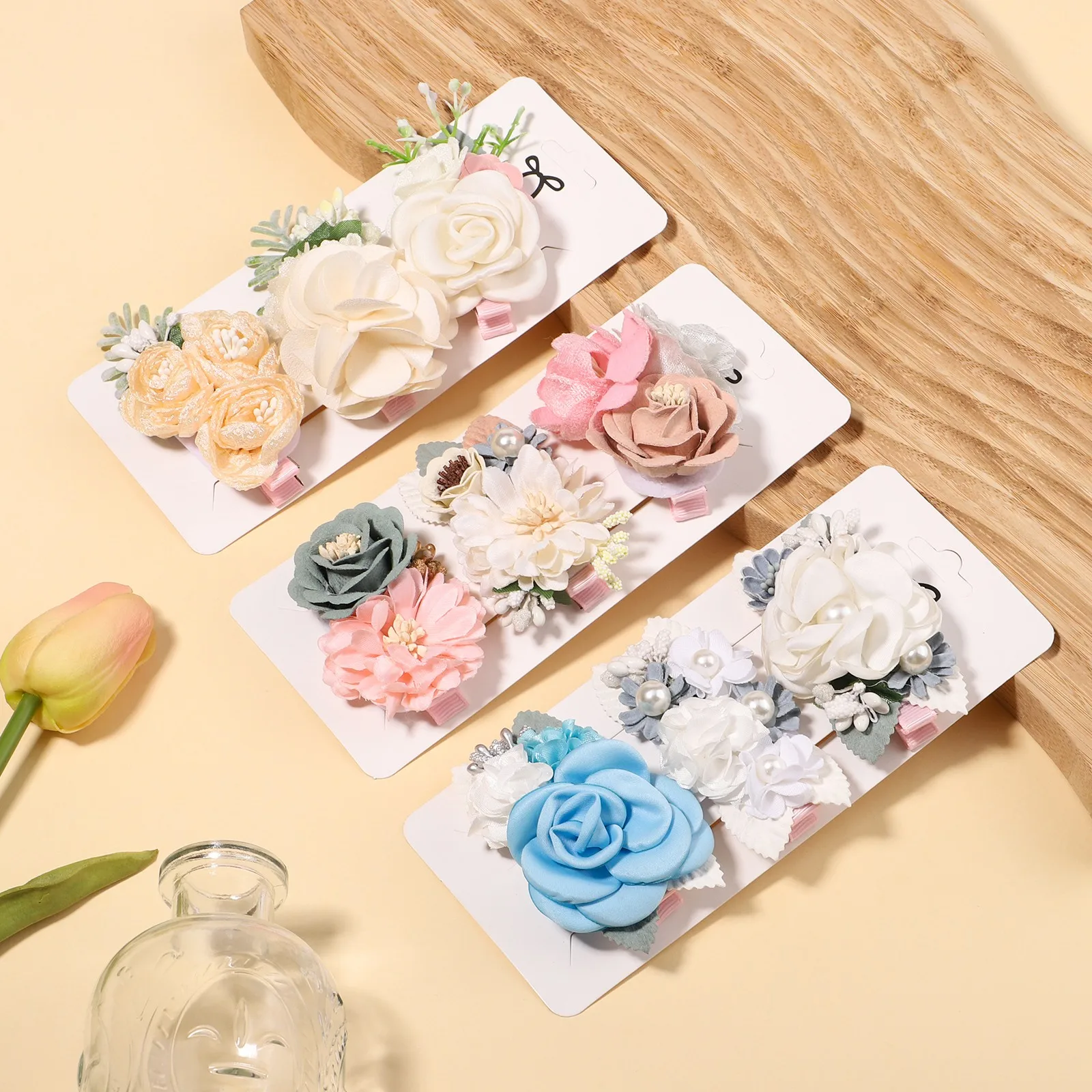 

3Piece Baby Girls Sweet Pink Floral Hairpins Safe Handmade Clips Artificial Flower Hair Clip Headwear Decorate Hair Accessories
