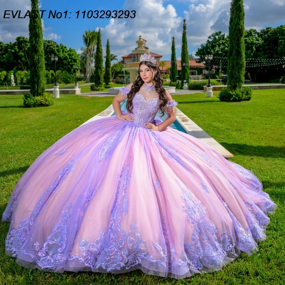 Фото Индивидуальное блестящее сиреневое бальное платье EVLAST для Quinceanera с кружевными аппликациями, бисером, бантом и корсетом, для Sweet 16, Vestidos De 15 Anos AQ249 №1