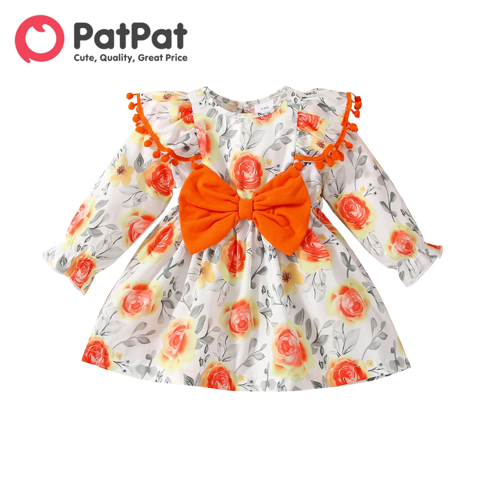 

PatPat Baby Girl Allover Floral Print Ruffle Trim Pom Poms Bow Decor Long-sleeve Dress