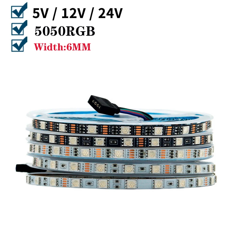 6mm Width PCB Not waterproof 5050 RGB LED Strip 60LEDs/M DC 5V 12V 24V Flexible Light Tape