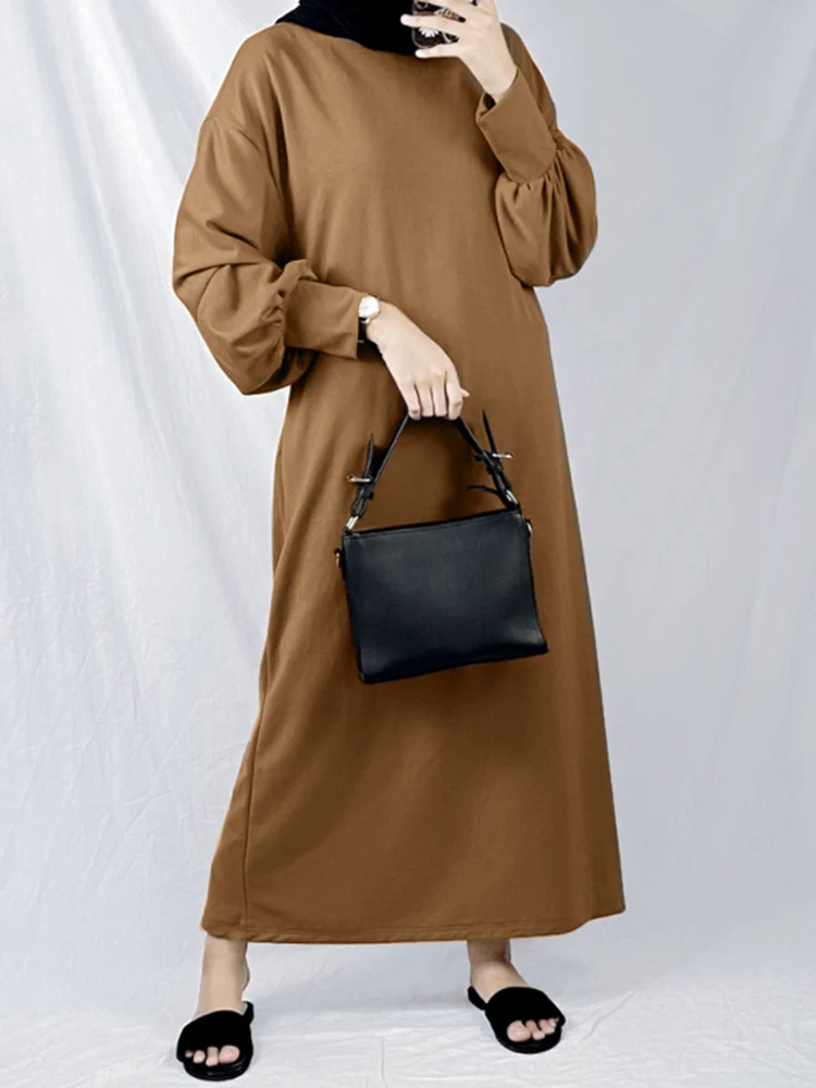 

2022 Fashion Solid Muslim Sundress Women Casual Long Sleeve O Neck Dubai Turkey Vestidos ZANZEA Party Islamic Clothing Marocan
