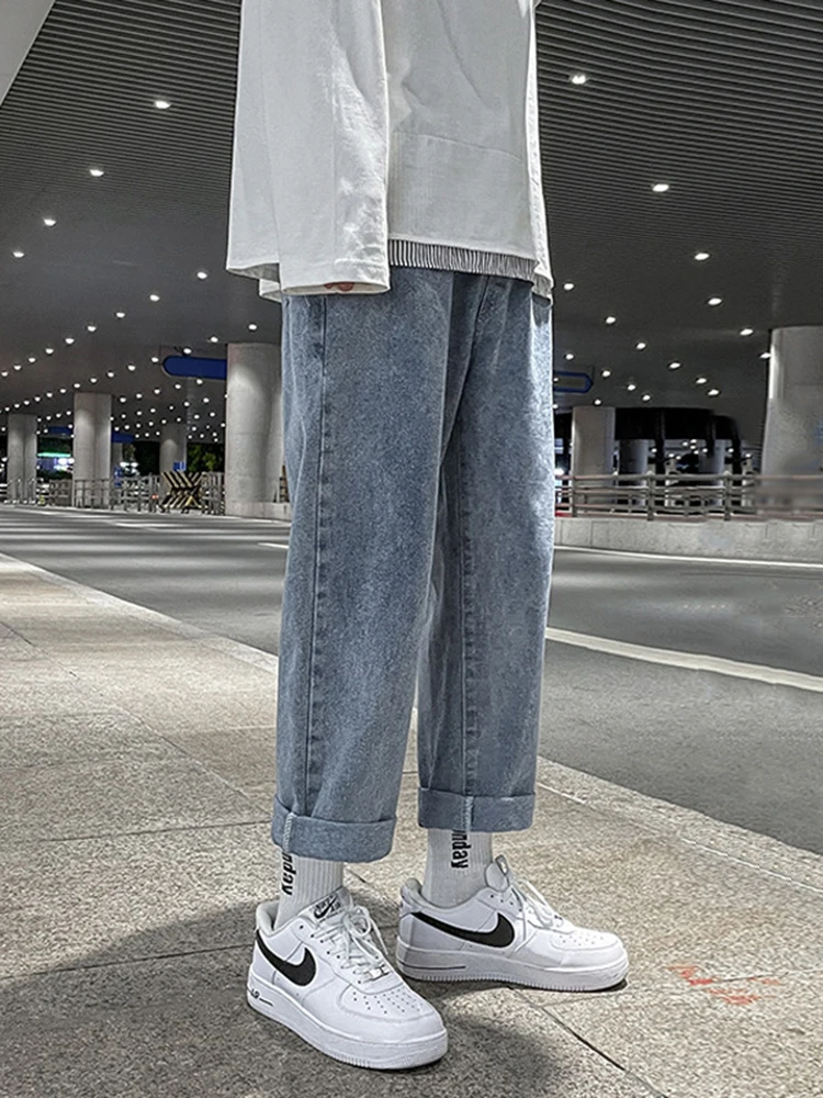 Korean Fashion Men's Baggy Jeans Classic All-match Solid Color Straight-leg Denim Streetwear Wide-leg Pants Male Brand Trousers