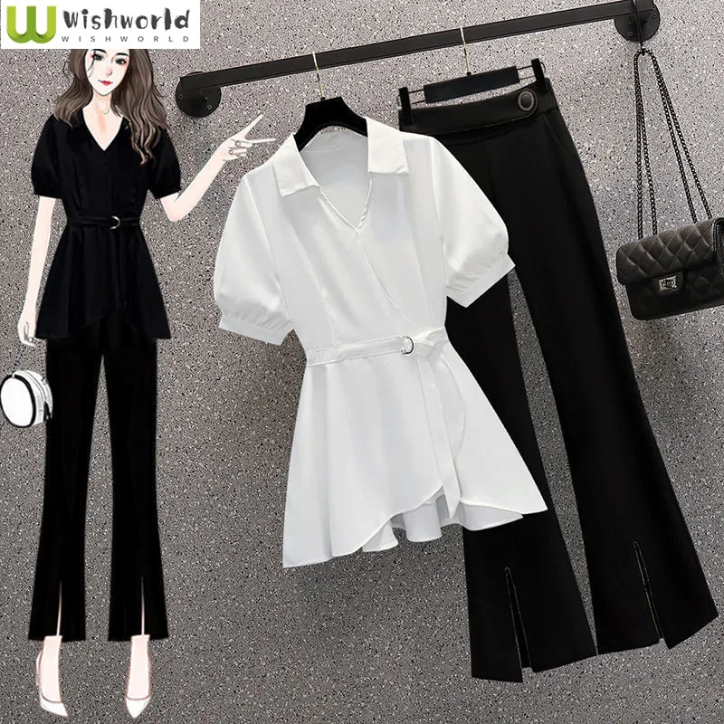 French Waistband Lace Up Short Sleeved Shirt Women's Suit Summer 2022 New High-grade Micro Flare Pants Two-piece Suit