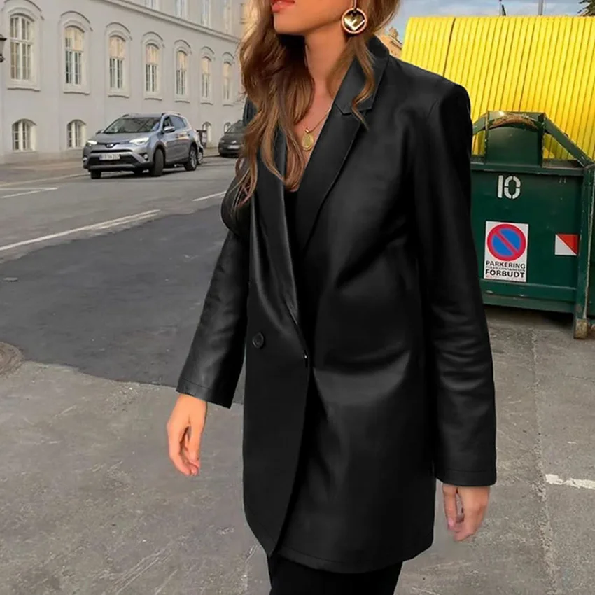 Autumn and Winter New PU Leather Clothes Street Fashion Matte Leather Suit Long Sleeve Loose and Simple Coat for Women