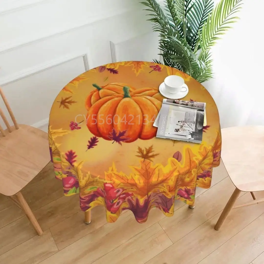 

Fall 60 Inch Maple Leaves Pumpkin Round Tablecloth Rustic with Wrinkle Resistant for Thanksgiving Party Picnic Dining Room
