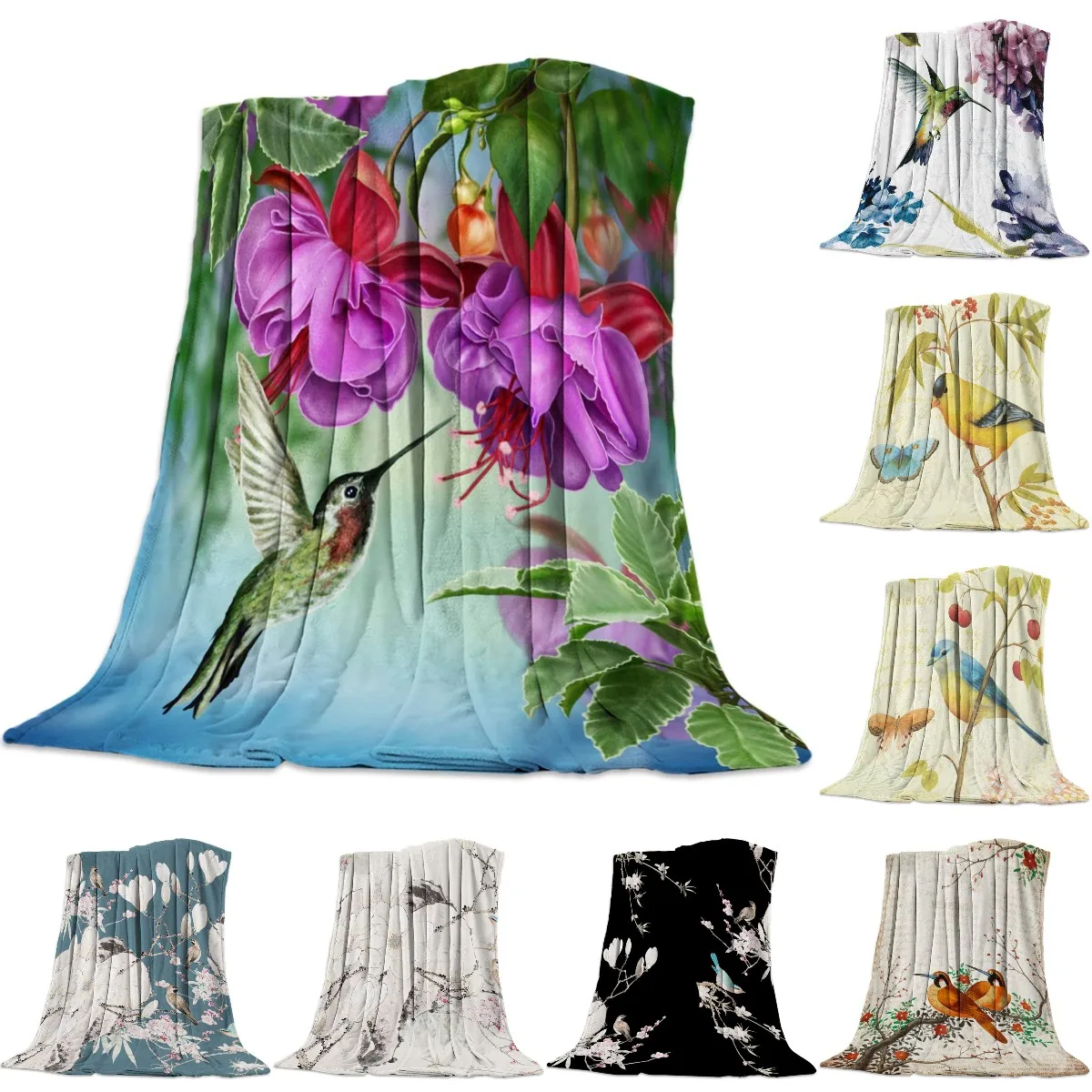 Couverture de lit polaire en flanelle  motif colibri à fleurs  couvre-lit doux  léger  chaud et