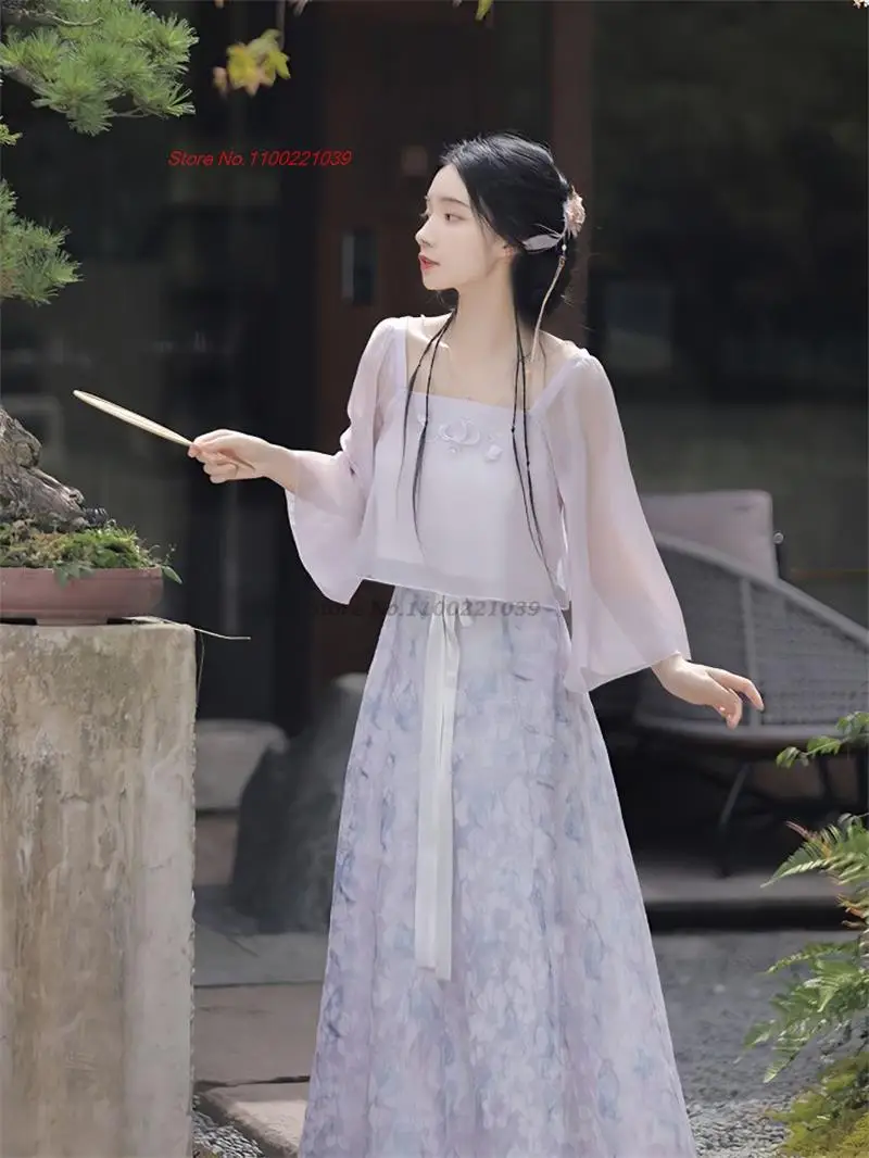 

2023 китайские улучшенные Шифоновые Топы hanfu с вышивкой в виде цветка + Искусственные восточные искусственные чаеобразные услуги hanfu