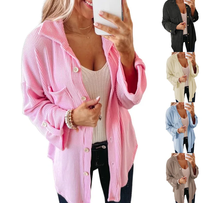 

2023 New Waffle Polo Shirt Women Solid Color Long Sleeve Lapel Button Jacket Coat Ladies Tops
