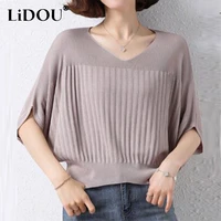 summer fashion ladies casual bat sleeve ice silk knitted t shirt oversized v neck loose pullover top women elegant simple tees