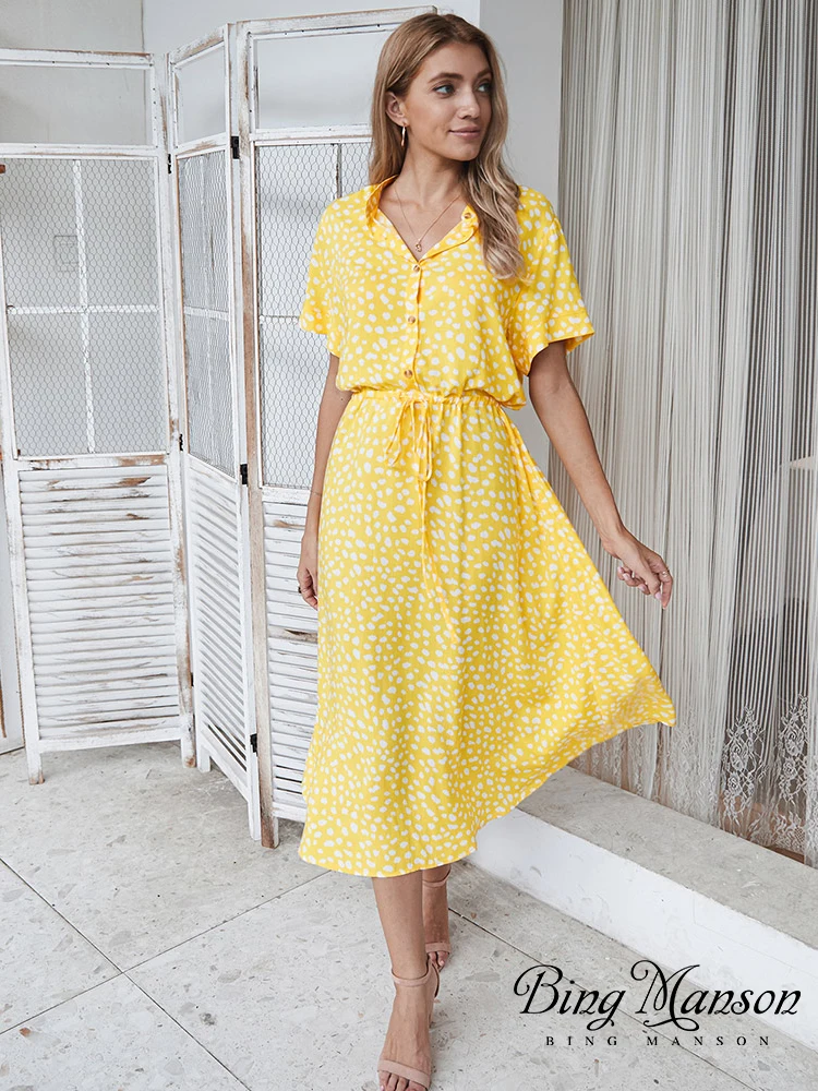 

Versatile Fashion Summer Boho Dress Round Bottom Print Chiffon Dress Ruffle Wrap V-Neck Casual Dress Multiple Colors Available