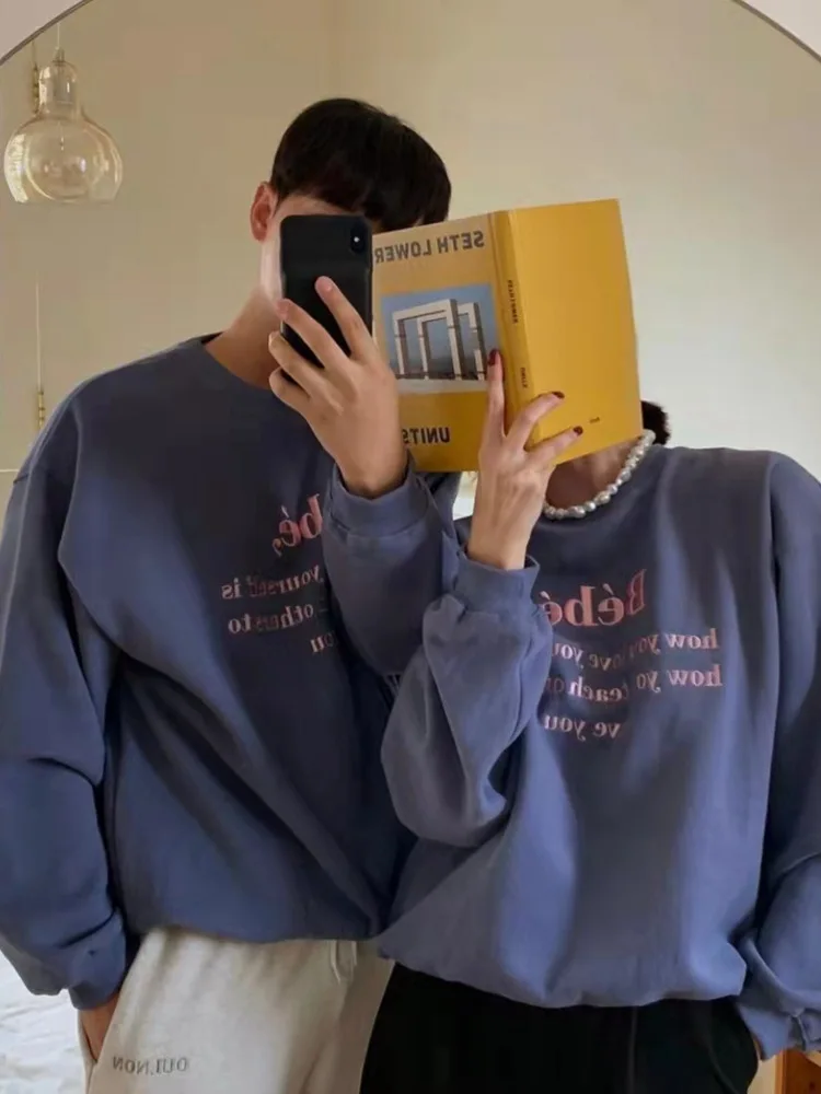 

Autumn and Winter Embroidered Letter Pullover Round Neck Sweatshirt Plus Velvet Loose Casual Couple Tops