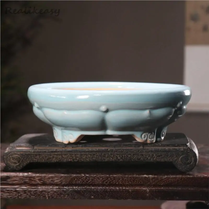 Creative Crack Ceramic Bonsai Pot Glaze Lotus Shaped Flower Pot Round Zen Flowerpot Chinese Three Legged Purple Clay Flower Pot