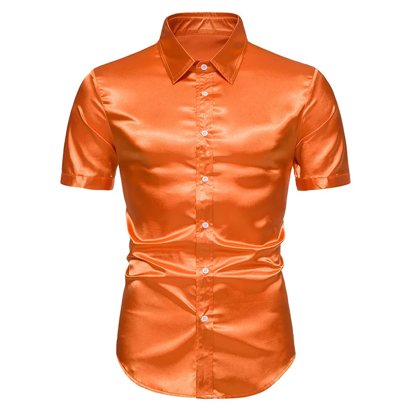 

Orange Silk Like Satin Shirt Men Short Sleeve Button Down Mens Dress Shirts Casual Party Prom Stage Wedding Chemise Homme New