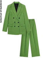 women 2022 fashion double breasted flap pockets blazer coat and with darts side pockets mid waist wide leg trousers