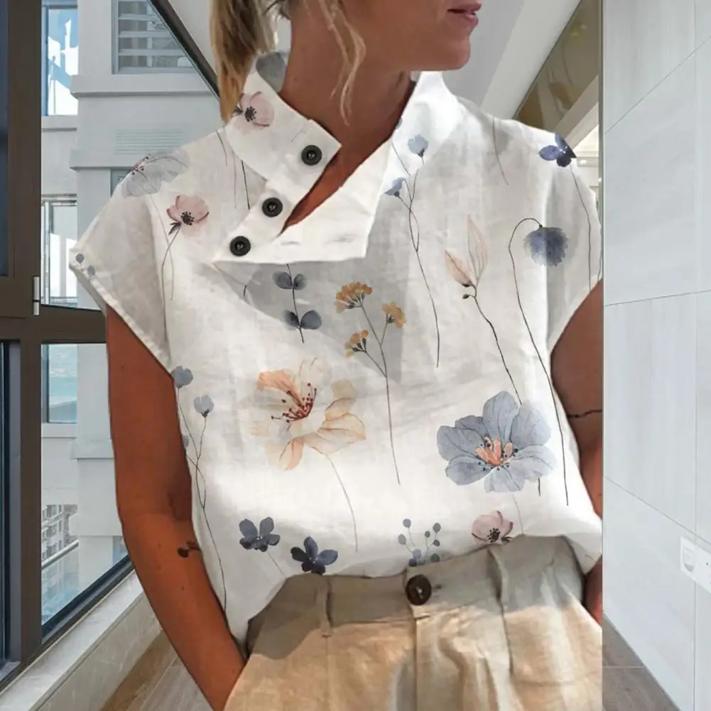 

Women T-shirt Diagonal Buttons Vintage Blouse Oversized Floral Print Tee Shirt