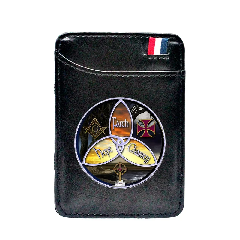 

Freemason Knight Cross Faith Hope Charity Printing Leather Magic Wallet Classic Men Women Money Clips Card Purse BE1490