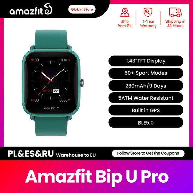 Original Global Amazfit Bip U Pro Smartwatch 1.43 inch 50 Watch Faces Color Screen GPS Smart Watch For Android iOS Phone 1