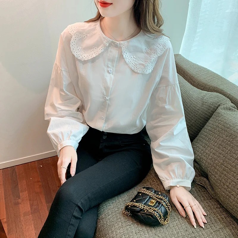 

blusas mujer de moda 2022 verano elegantes Spring New Korean version doll collar Splicing Long Sleeve Shirt Blouse Women 512J