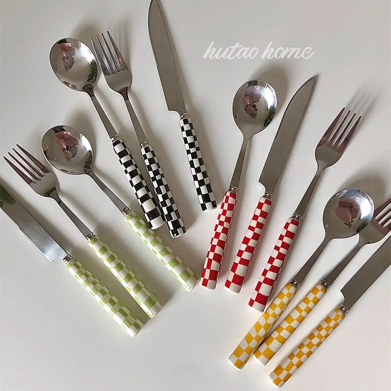 

INS style checkerboard stainless steel cutlery spoon ceramic handle steak cutlery grid fork spoon spoon and fork set cutlery