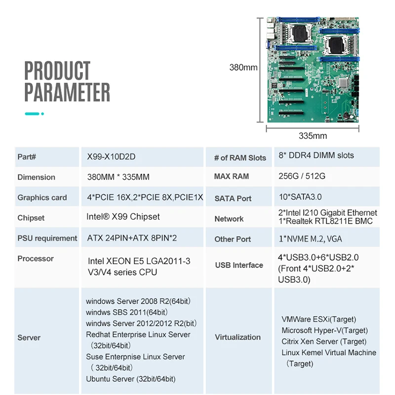 Материнская плата X99 Dual CPU LGA 2011-3 E5 V3 V4 NVME M.2 5XPCIE16X 2XPCIE8X 10XSATA3.0 поддерживает DIMM 256GB RAM USB