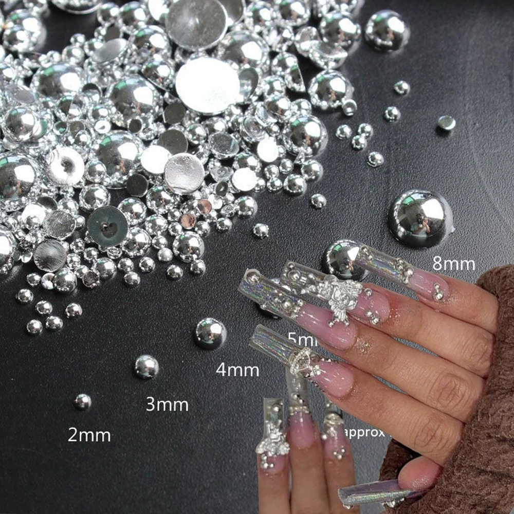 100pcs Punk Silver Pearl Nail Art Charms 3D Gothic Design Mirror Nail Rhinestones 2/3/4/5/6cm Half Round Pearl Manicure Tips*-GH images - 6