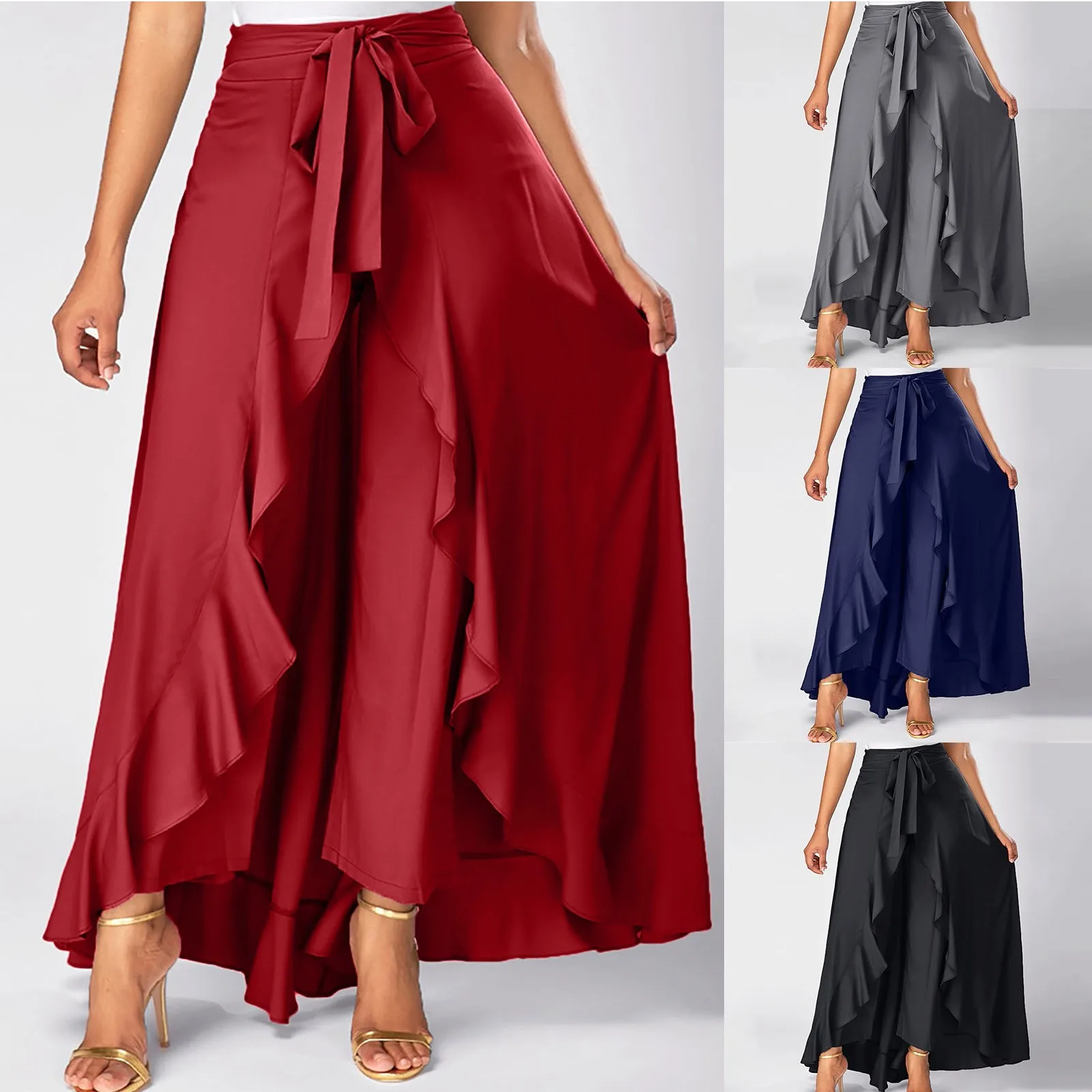 Women'S Elegant Dress Pants Women'S Fancy High Waist Lace Up Skirts Irregular Chiffon Ruffled Lace-Up Long Pants For Women