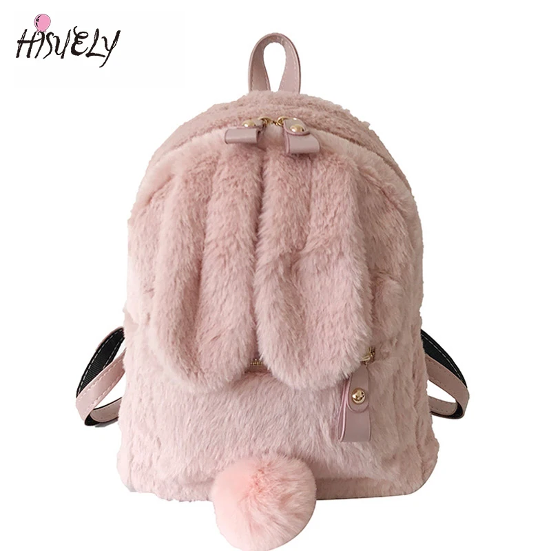 New Winter Cute Faux Fur Mini Backpack Rabbit Ear Women Travel Shoulder Bag Fashion Plush Bagpack Rucksack School Bag for Girls