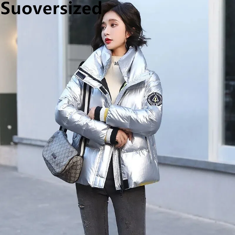 

Winter Glossy Short Thicken Down Cotton Parkas For Women New Korean Loose Warm Snowwear Coats Casual Windproof Puffy Jackets