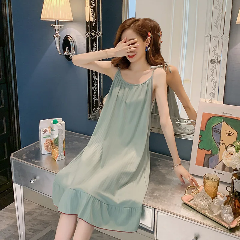 Women Nightdress Summer Korean Dress Sleeveless Sweet Style House Wear Solid Color Sleepwear Sexy Pajamas Sleepwear for Woman