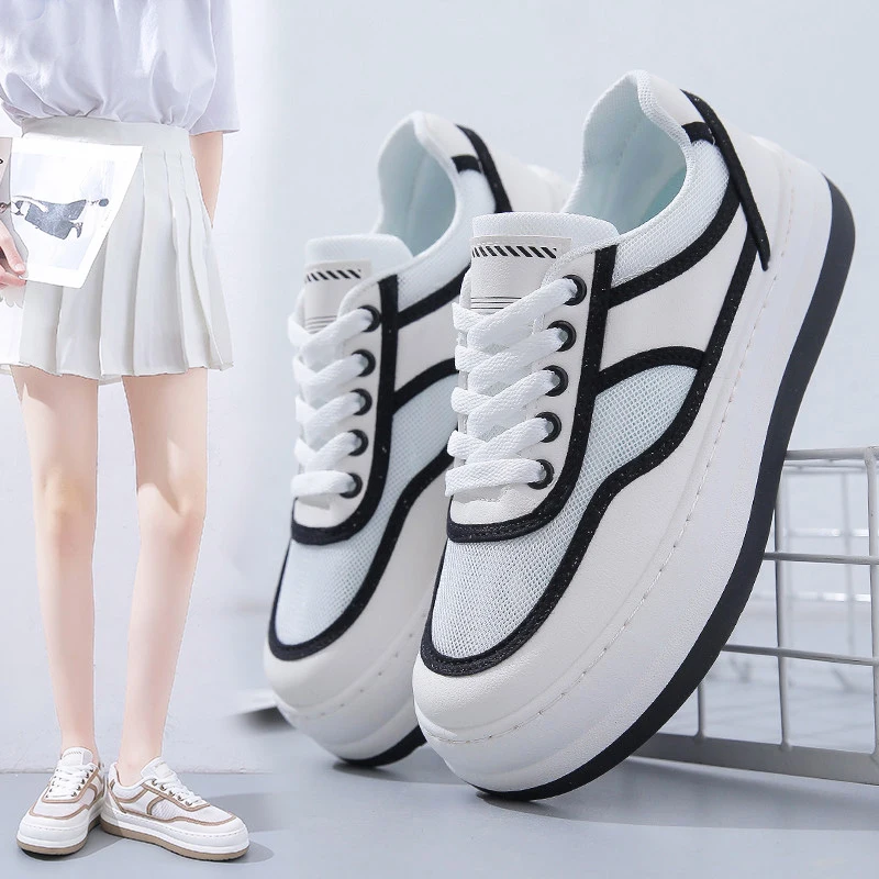 

Women Bordered Lace Up Skate Shoes 2022 Summer Ladies Casual Mesh Patchwork Trainers Female Walk Running Non-slip Sneakers
