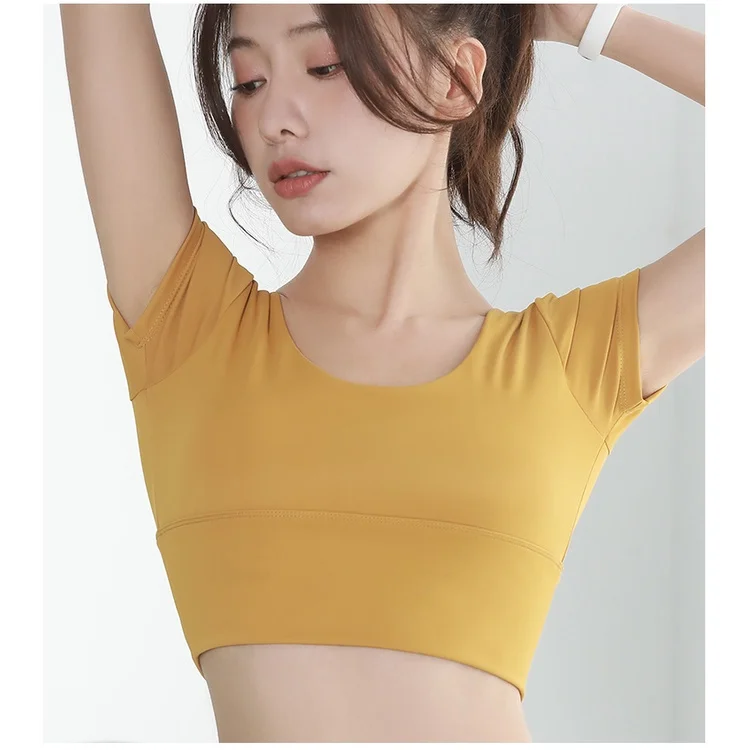 

Yoga Wear Sports Women Cropped Short-Sleeved V-Neck T-Shirt Beautiful Strap Chest Pad Running Tight Top
