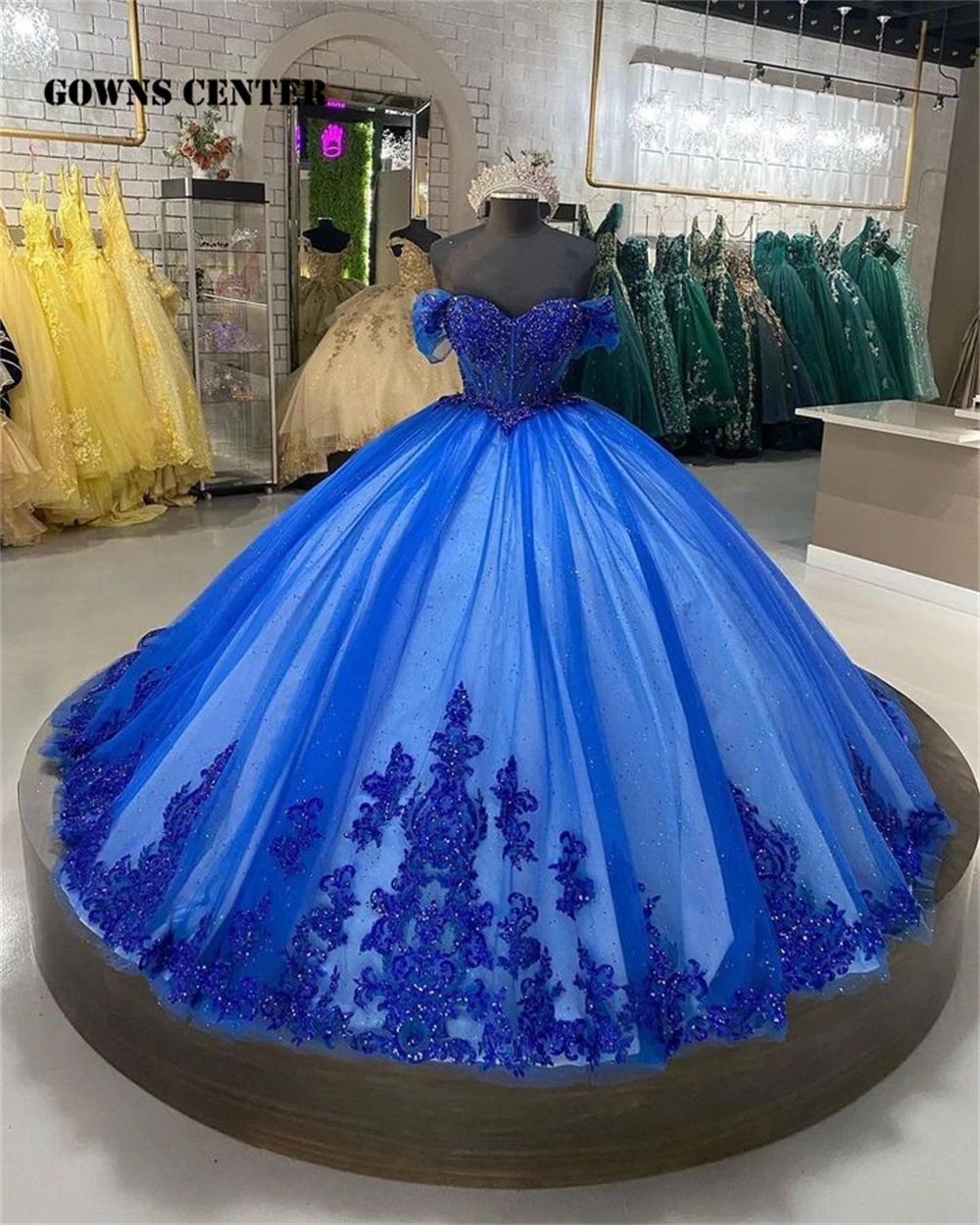 

Роскошное ярко-синее платье с открытыми плечами Quinceanera 2023, бальное платье с кружевной аппликацией из бисера, мексиканское платье Charro vestido de 15