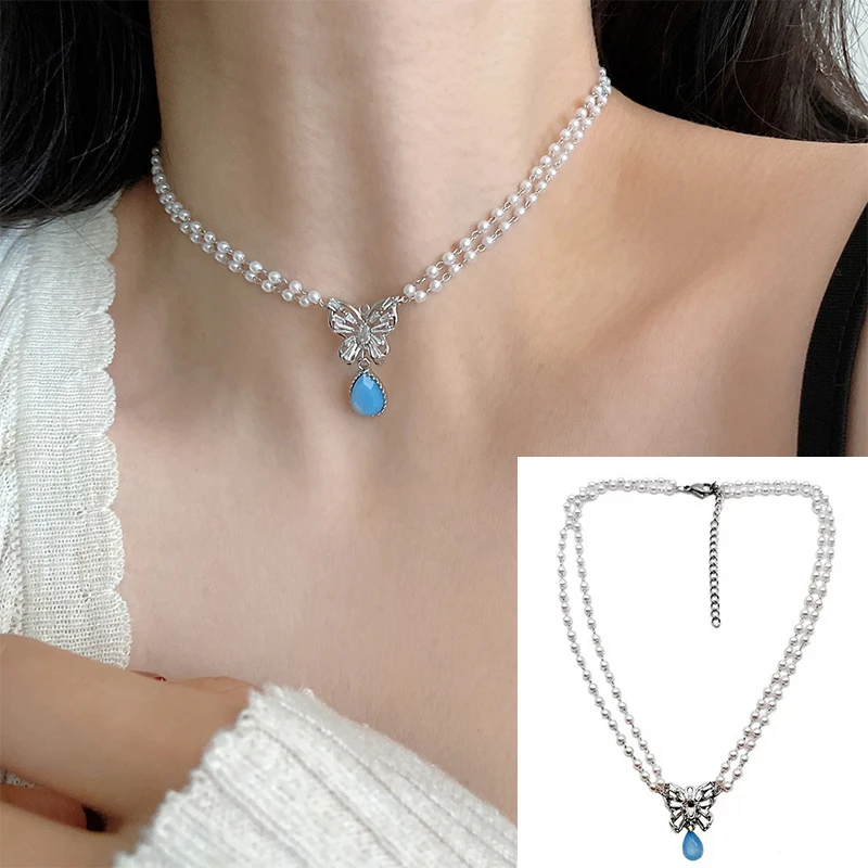 

Vintage Multi-Layer Butterfly Necklace for Women Baroque Blue Pendants Clavicle Chain Fashion Bohemian Prom Accessories Hot Sale
