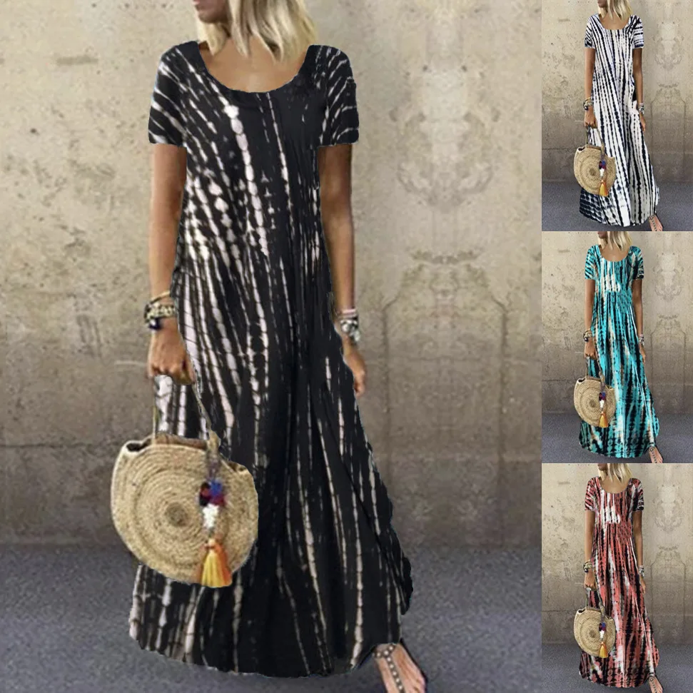

New Dress Crew-neck Short-sleeved Tie-dye Printed Full-length Skirt