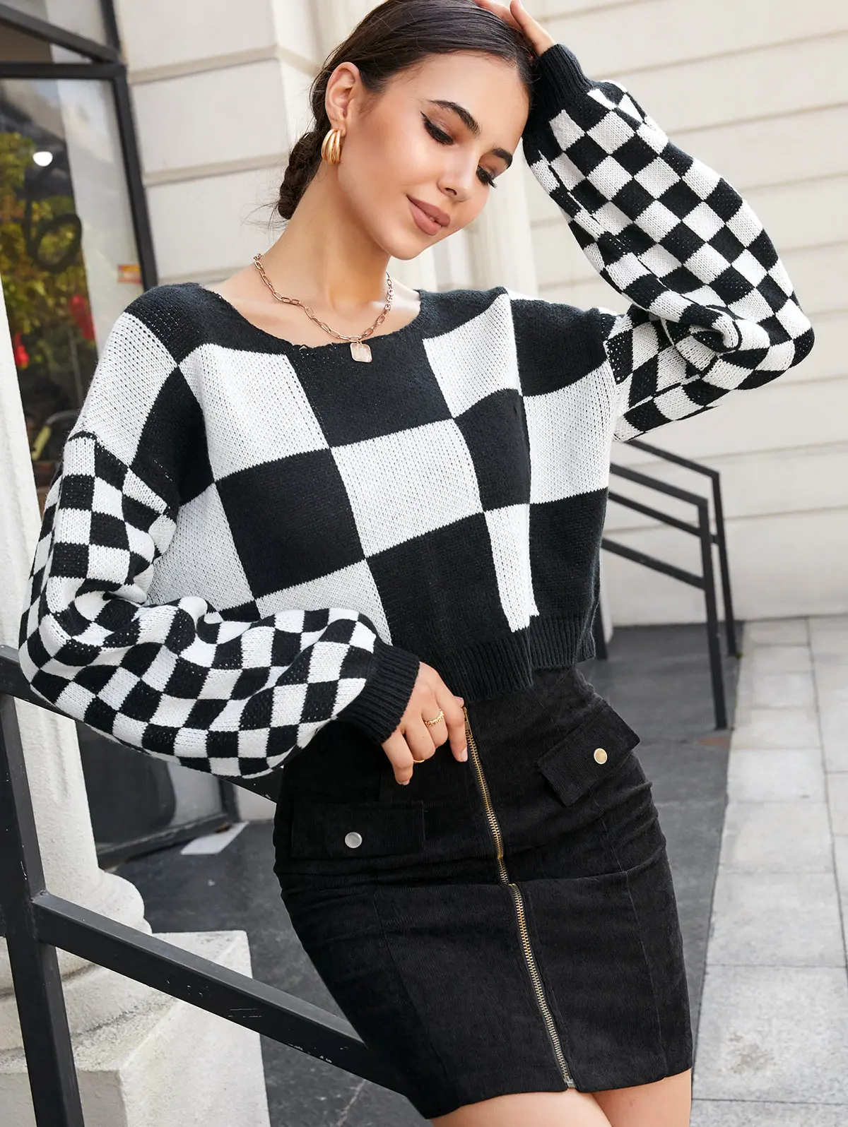

ZAFUL Drop Shoulder Sweater Checkerboard Plaid Slouchy Jumper Autumn Winter Lantern Sleeve Loose Pullover 2022 Fashion Tops