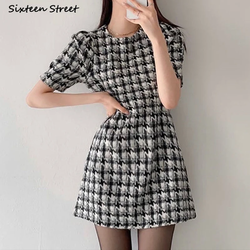 

Chic Houndstooth Mini Dress Women 2023 Spring Summer High Waist Dress Women Clothing Korean Fashion Plaid Clothing Female