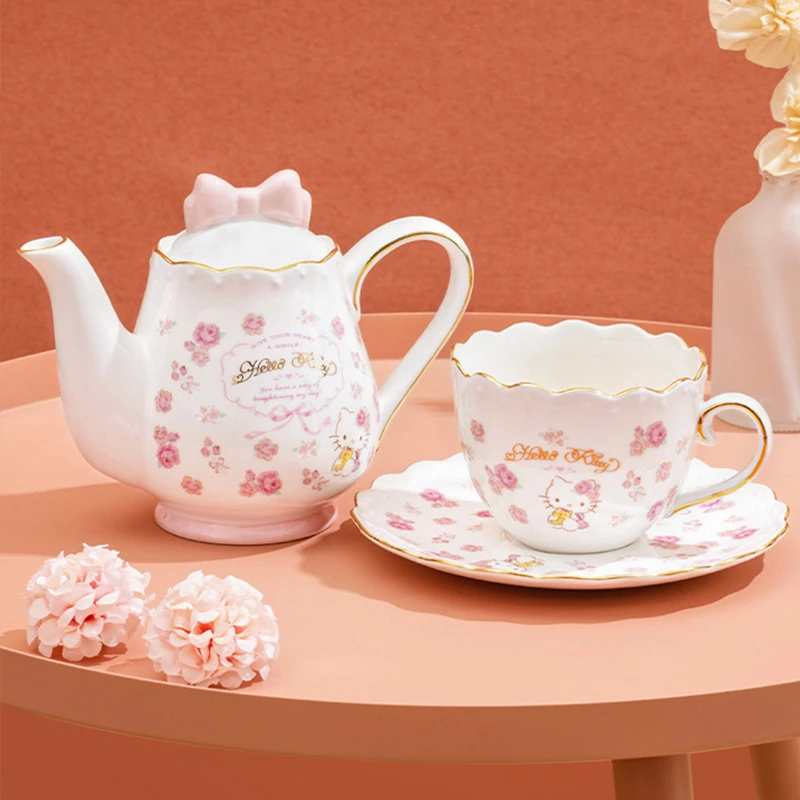 

Hello Kitty Ceramic Teapot Teacup and Saucer Set Home Living Room Cute European Style Tea Set for One Person Scented Teapot