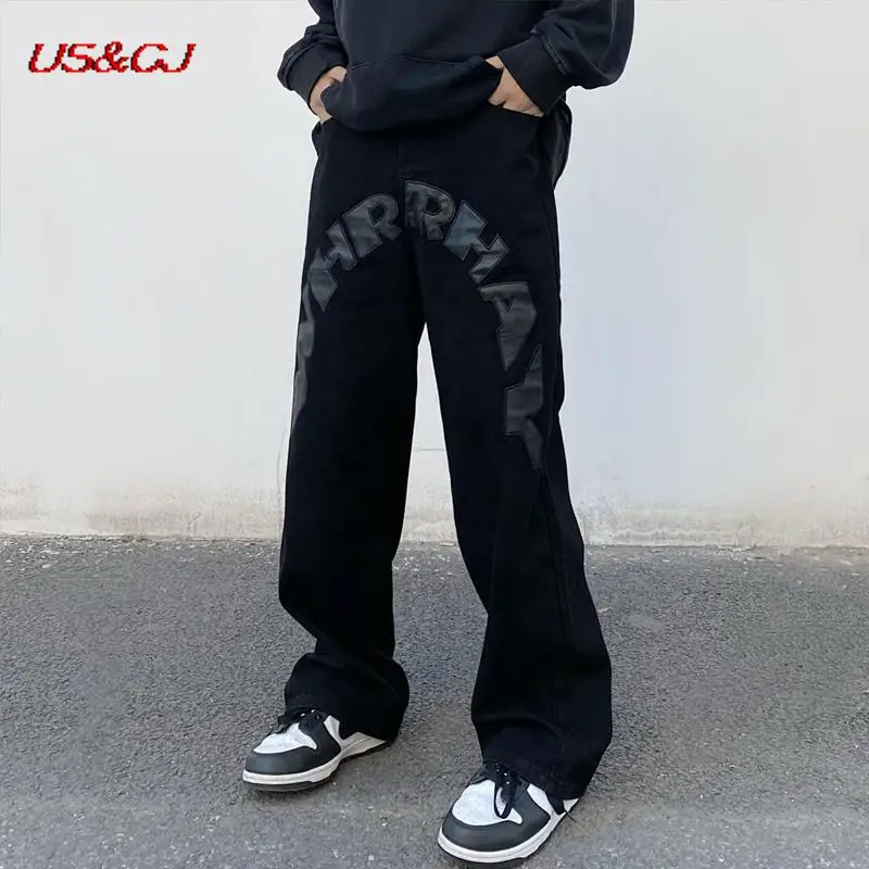 

Джинсы мужские прямые с буквенным принтом, модные брюки с широкими штанинами, свободные повседневные штаны в пол, в стиле Хай-стрит, Y2K, весна