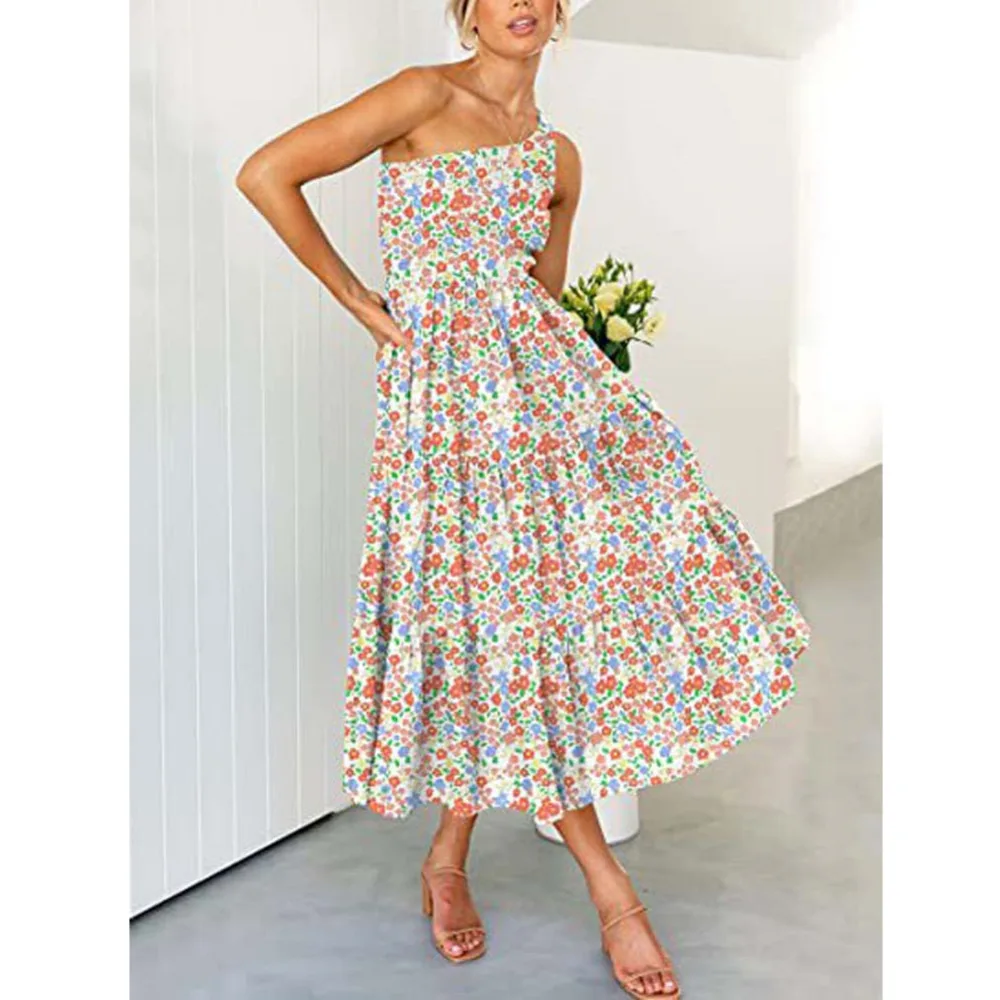 

Henzworld 2022 Summer Solid Long Dress Women Elegant One Shoulder Dress Ladies Floral Print Maxi Party Pleated Dress For Women