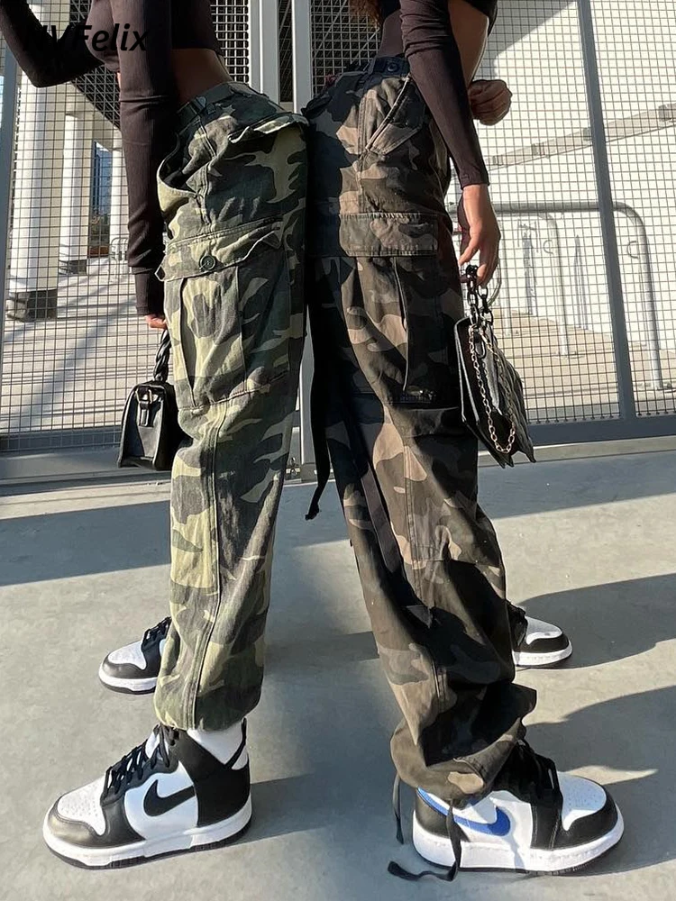 Брюки-карго женские с завышенной талией винтажные камуфляжные мешковатые