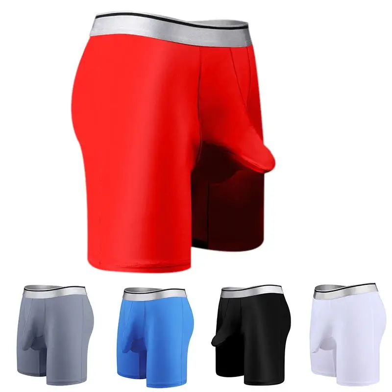 Ice Silk Fitness Long Boxer Shorts Underwear Men Sporty Sexy Underpants Penis Bag Pouch Stretch Boxers Sportswear Male Panties