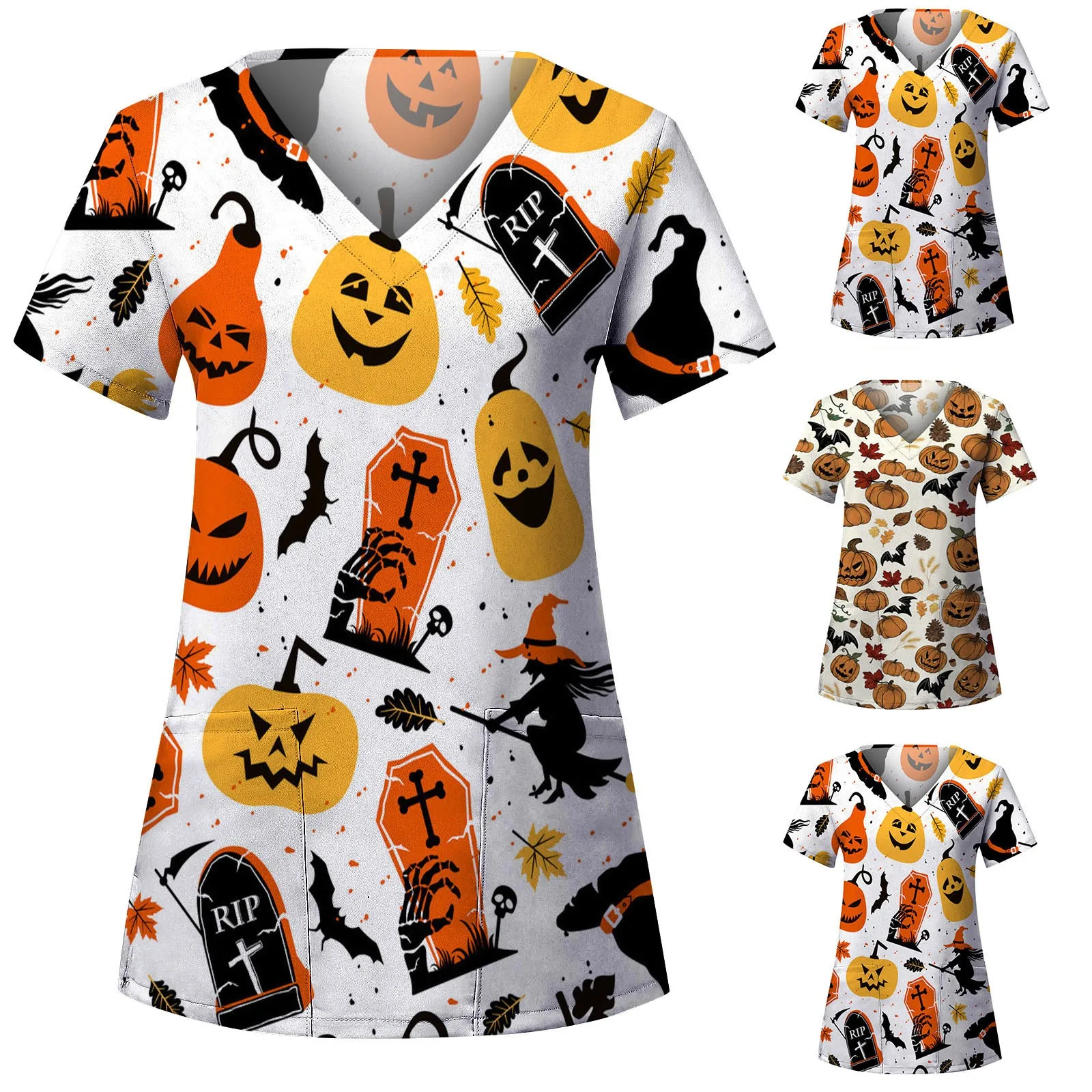 

Halloween Womens Nurse Uniform Blouse Pumpkin Bat Fun Graphic Printed Tshirts Short Sleeve V Neck Nursing Working Scrubs Tops
