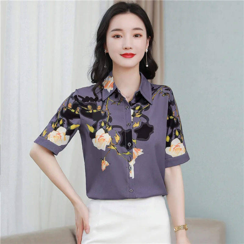 

Poplin Women's Blouses New Fashion Casual Short Sleeve Top Floral Print Button Summer Polo Shirt