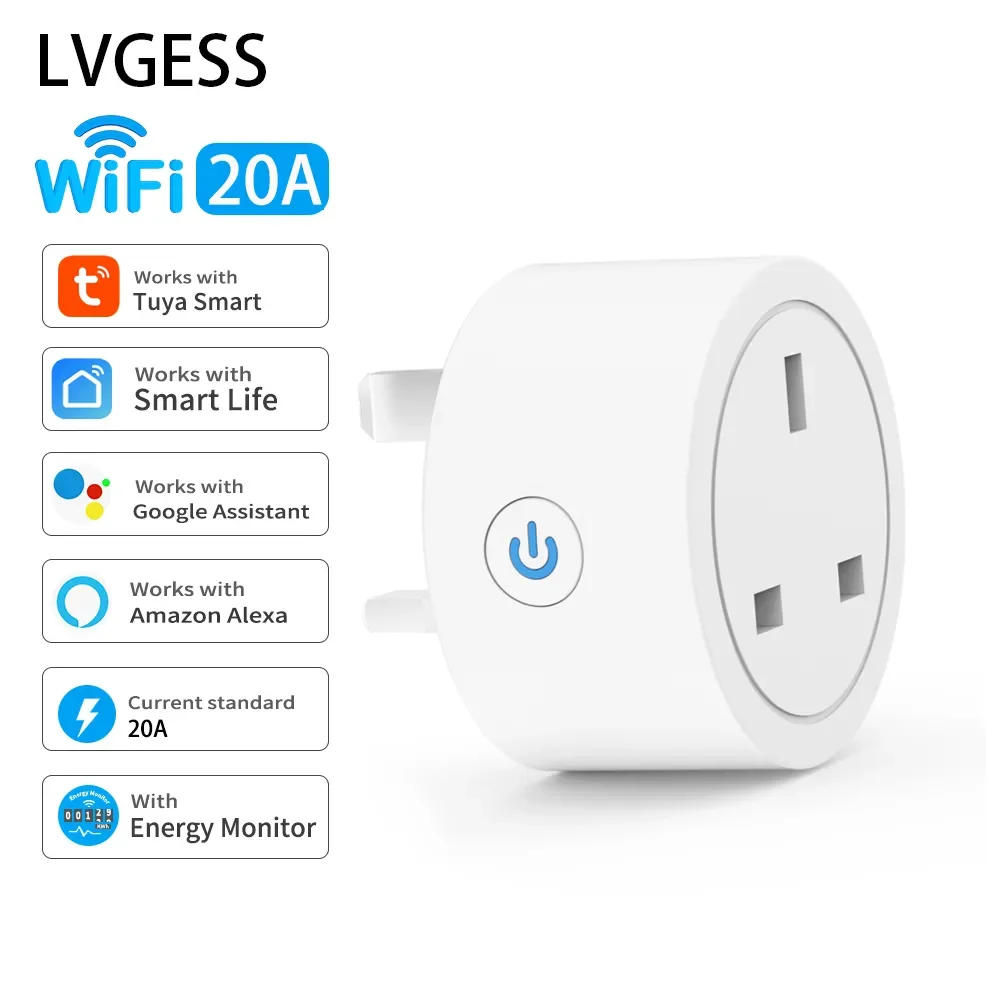 

NEW 20A Smart Socket WiFi UK Plug 3pin Adapter Home Alexa Voice Control With Energy Monitering Timer Function Power Outlet Set