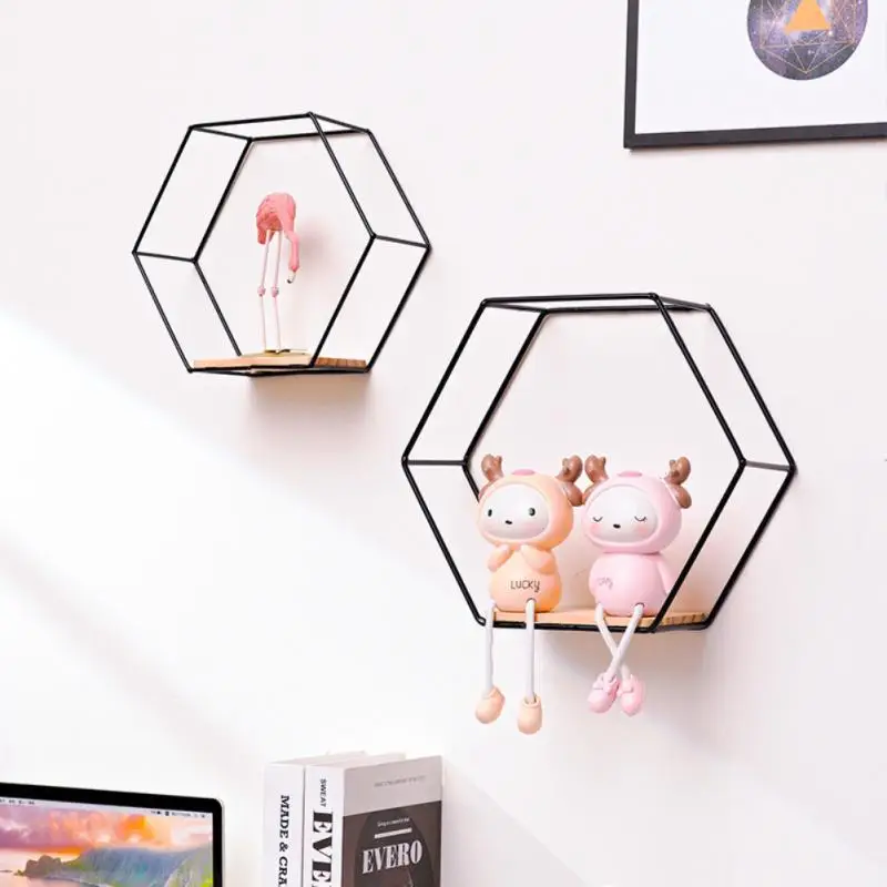 

Wall Mounted Floating Shelf Modern Simple Geometry Wood Metal Wire Hexagon Plant Flower Storage Shelves Display Perfect Decor