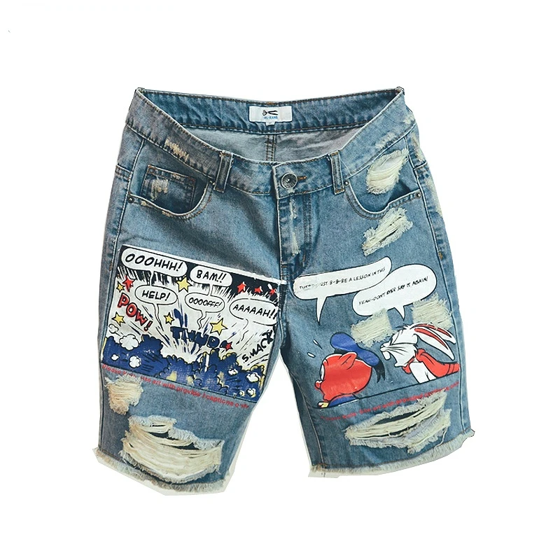 New Arrival Hot Sale Fashion Mens Jeans Print Light Jean Shorts Men Ulzzang Summer Pattern Length Zipper Fly Stonewashed