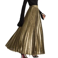 spring summer metallic a line pleated maxi long gauze skirts golden silver swing beach ankle long skirts