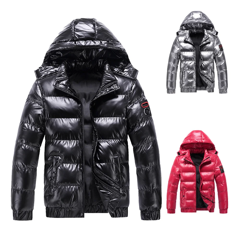 

Men's Jacket Casual Parka Outwear New Bright Leather Winter Waterproof Puffer Padding Warm Stand With Hood Outwearing Coat